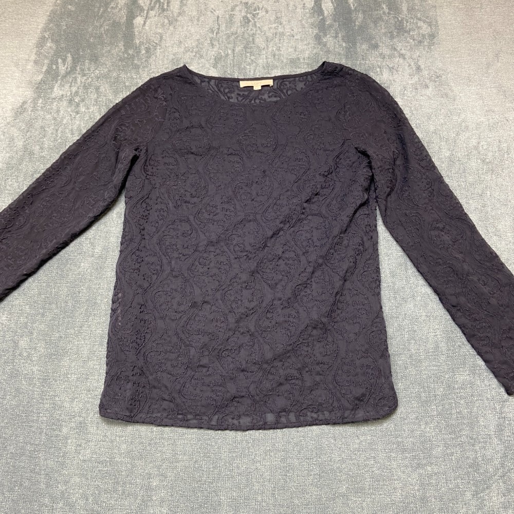 Loft Ann Taylor Top Womens M Navy Blue Split Hem Embroidered Sheer Everyday Wear
